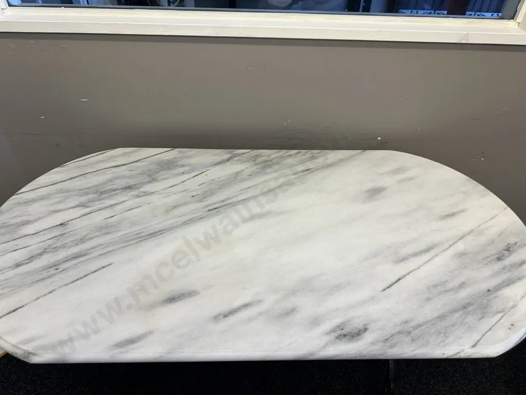 French Bistro Table With Painted Wrought Iron Base and Oval Marble Top H73, L120, D60cm. Image 1++